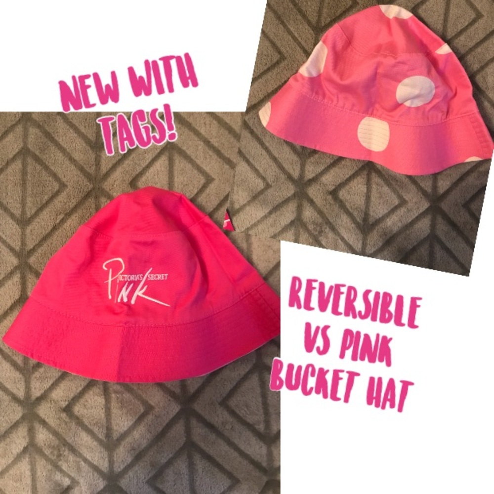 💗VS PINK PILKA DOT HOT PINK REVERSIBLE BUCKET HAT